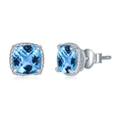 Sterling Silver 6MM Square Cushion-Cut Blue Topaz with Rope Detail Border Stud Earrings